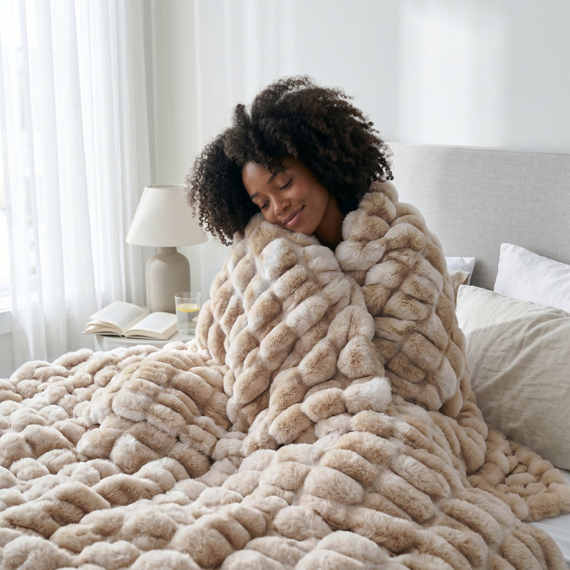 Jeté luxueux en fausse fourrure réversible en peluche réversible certifié Oeko-tex 50 po x 60 po, 50 po x 60 po, Caramel