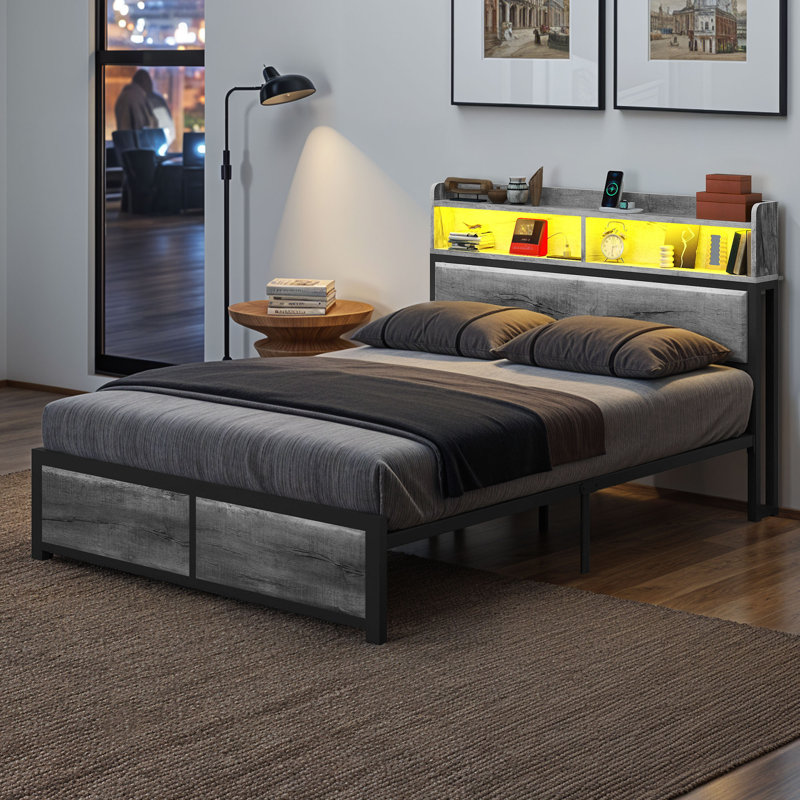 Balconera LED bed frame with headboard, USB ports & charging sockets,no box spring needed, Grey, 200W cm×220D cm×112H cm
