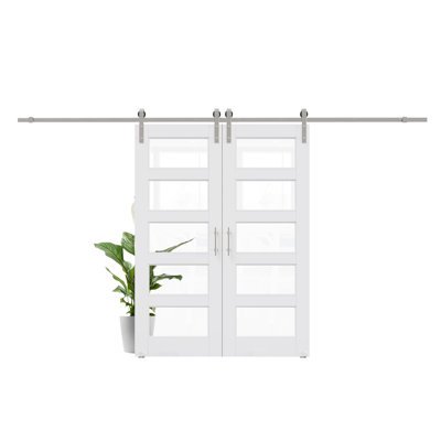 Porte de grange coulissante en verre transparent blanc apprêté 5-Lite avec trousse de quincaillerie d'installation / aucun assemblage requis