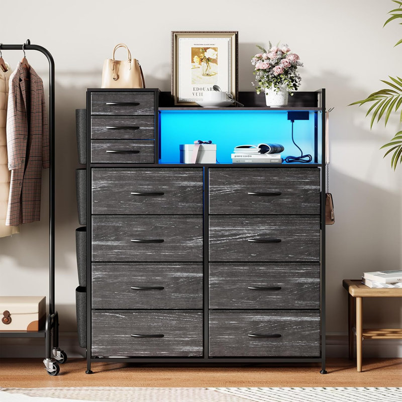 Dresser with 8+3 Fabric Drawers, Charging Station & LED Lights, Black