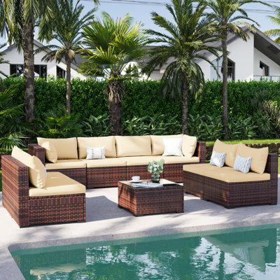 Ensemble de conversation modulaire en rotin PE 9 pièces pour l'extérieur, grand ensemble de meubles de patio avec structure en acier antirouille, canapé modulaire d'extérieur avec table basse pour terrasse
