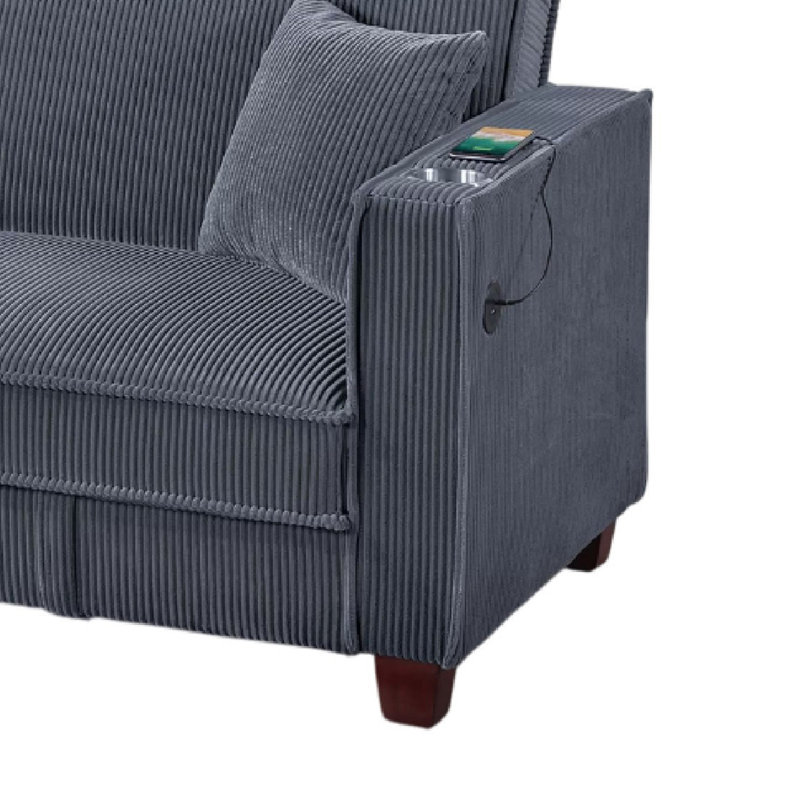 Canapé-lit Lucy avec ports USB, 2 coussins, velours côtelé gris, porte-gobelets, Gris foncé