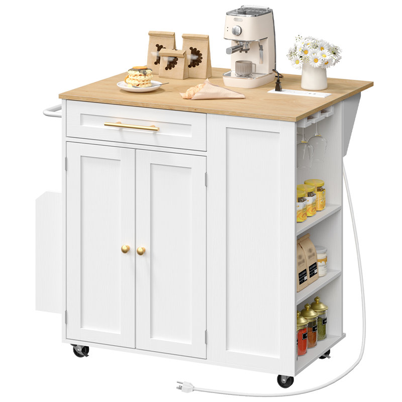 Kitchen Island With Power Outlets, Kitchen Island Cart with Drop Leaf, 3 Open Adjustable Shelf & Drawer, Towel Rack, White