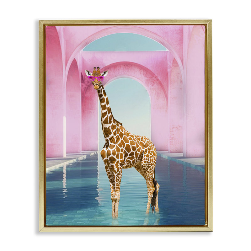 Girafe glam avec cadre flottant arches roses, design par Ziwei Li, H 21 po x l 17 po, Cadre flottant métallique doré