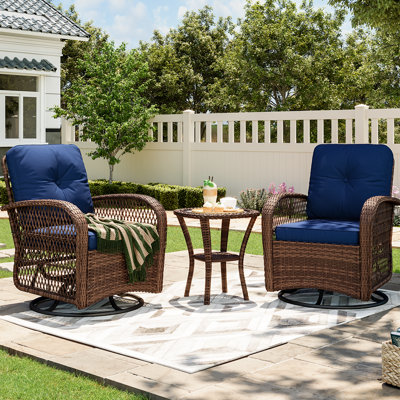 3-piece Wicker Patio Furniture Set, Outdoor Wicker Swivel Rocking Chair With Cushions And Rattan Side Table For Garden, Backyard, Porch