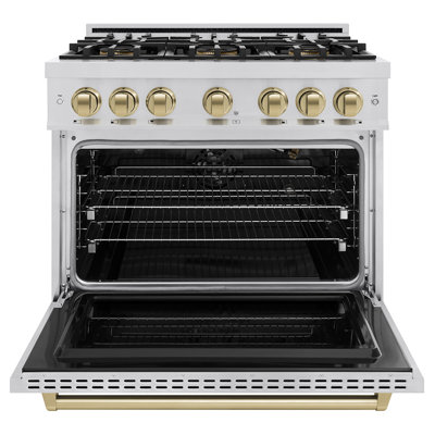 Cuisinière à gaz ZLINE Autograph 36 po avec plaque de cuisson 6 brûleurs DuoPro et décorations bronze champagne