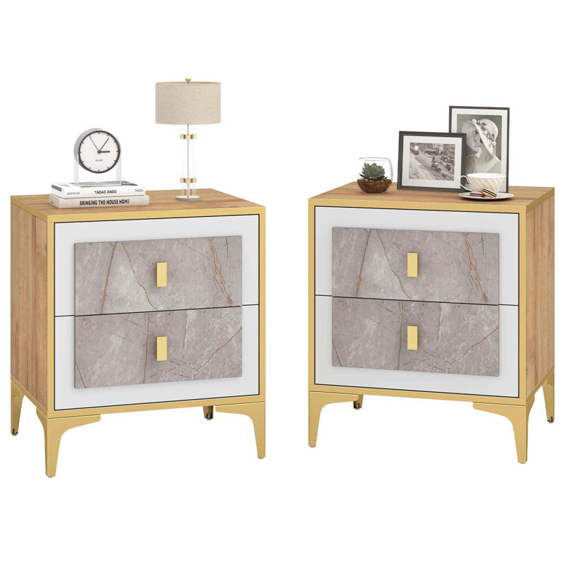 Nightstand With Storage Faux Marble Surface Accent Table With 2 Pull-out Drawers, 2