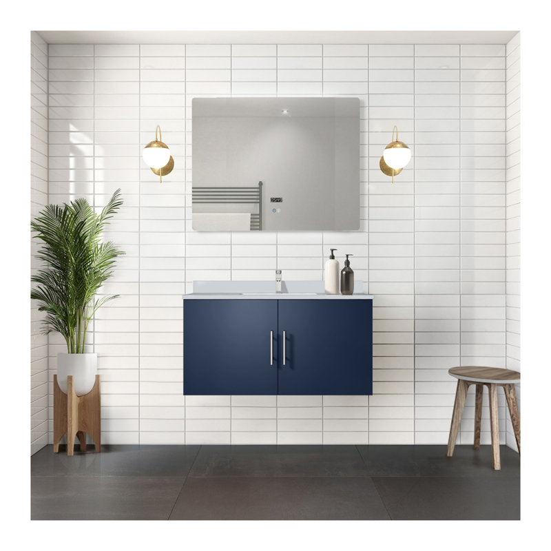 Meuble-lavabo bleu marine l 36 po x P 22 po avec comptoir en quartz blanc, Navy Blue, 44" W