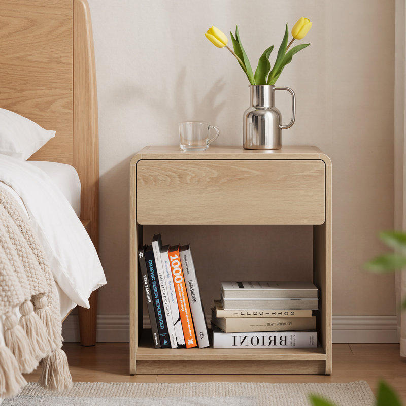 Mid-Century Modern Bedside Table Set, 2 Pieces, With Storage Drawers And Open Shelves, Bedroom Side Table With Rounded Corners, Compact Bedside Table Set, Oak Colour