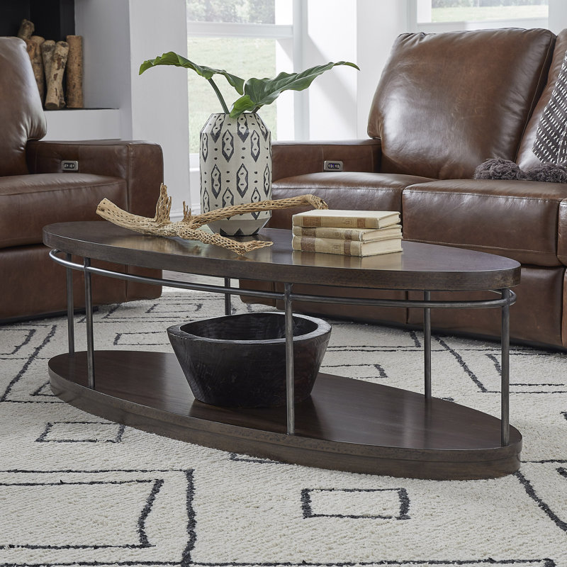 Oval Dark Wood and Metal Cocktail Table with Storage