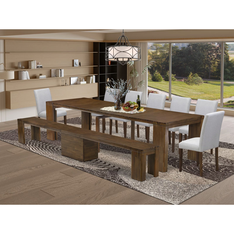L'ensemble de cuisine moderne 9 pièces contient une table de cuisine rectangulaire extensible, 7 chaises de salle à manger et 1 banc moderne, noyer antique