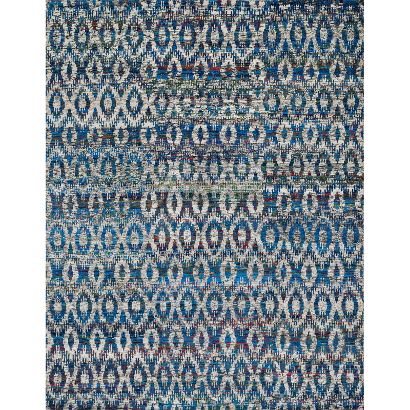 Tapis bleu en soie crocheté à la main Morley Ikat, Rectangle 4 pi x 6 pi