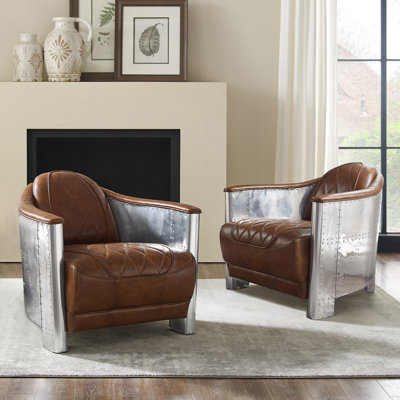 Kytalin Tufted Distressed Genuine Top-Grain Leather Armchair(Set Of 2)