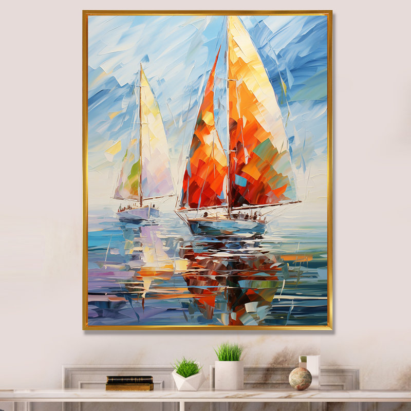 Achna voilier abstrait vents II, Cadre flottant doré, H 44 po x l 34 po x P 1,5 po