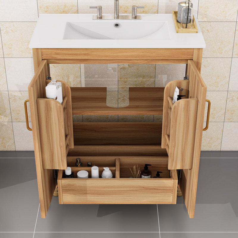 Freestanding Bathroom Vanity with Ceramic Sink, Divided Drawer and Adjustable Shelf