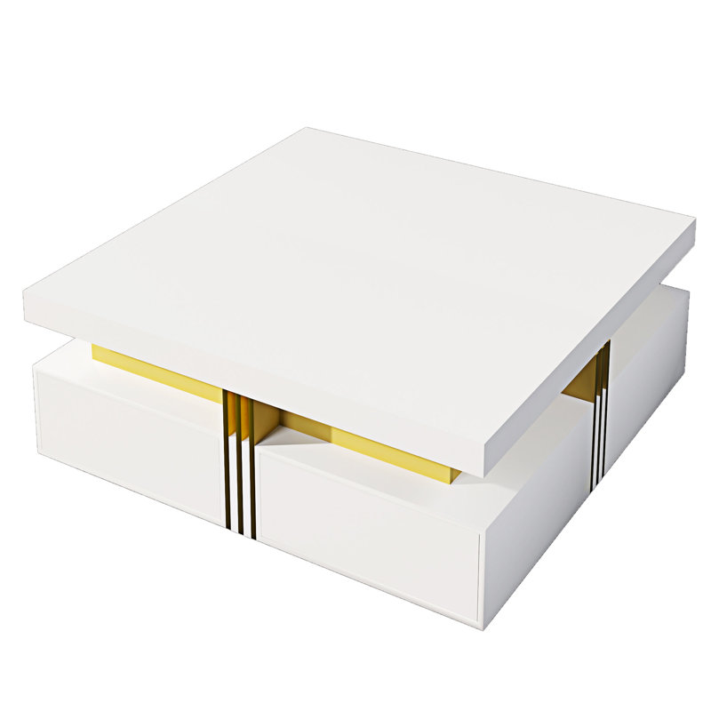 Table basse carrée avec tiroirs, Blanc lustré