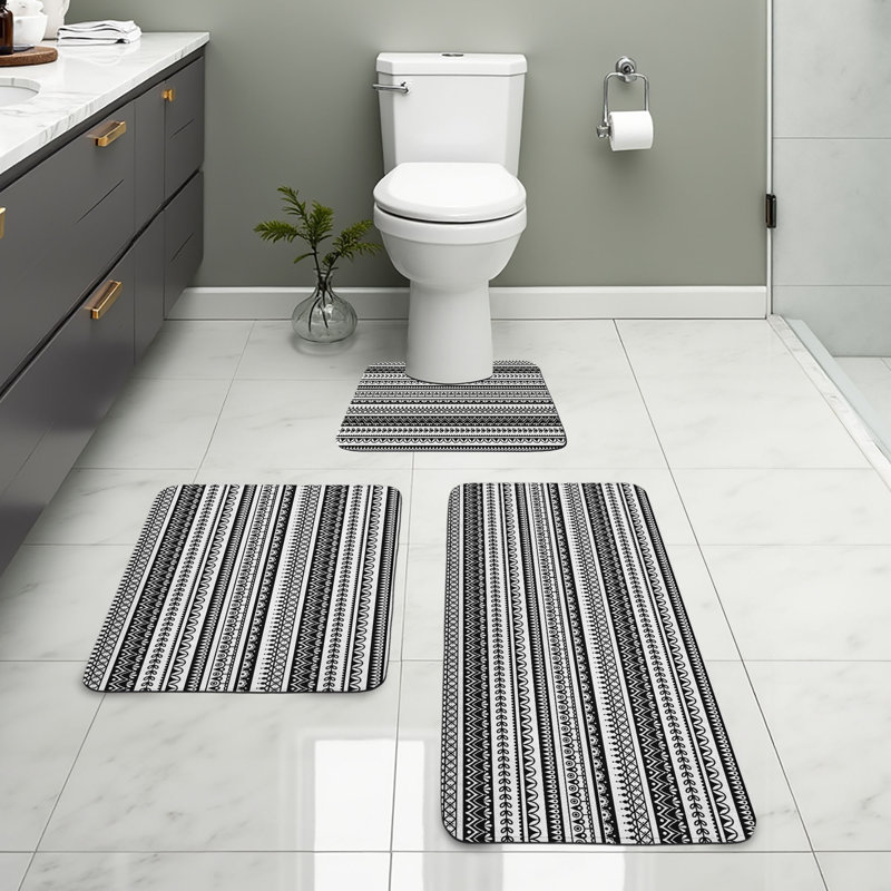  Ensemble de tapis de salle de bain Ethnique 3 pièces en U et tapis rectangulaires blanc noir