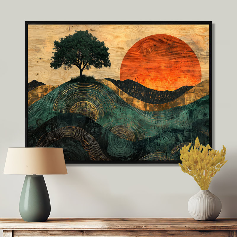 Baobab de Cardiff Sunrise avec racines d'Afrique II - arbre, art mural, H 24 po x l 32 po, Avec cadre, Noir, noir, noir, noir