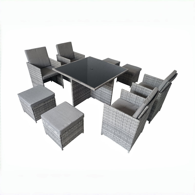 Alfino Square 8 - Person 110cm Long Dining Set with Cushions, Grey, Grey
