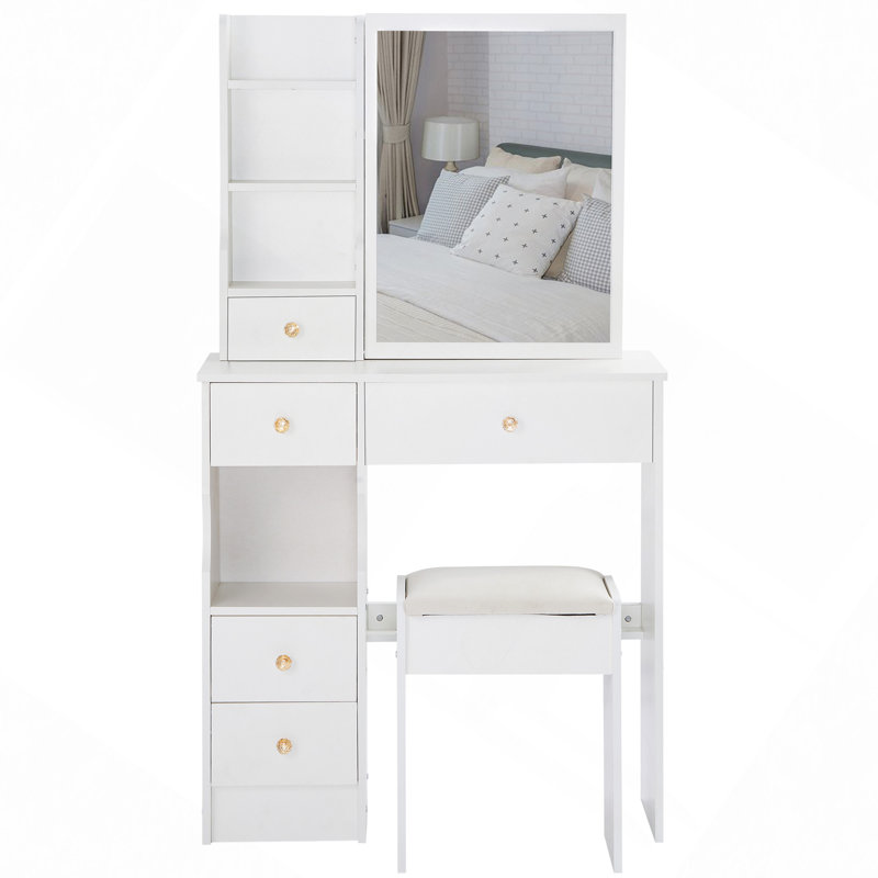 Table de coiffeuse de 29,2 po avec tiroir gauche, tabouret rembourré, miroir coulissant à droite, rangement multi-couches à grande capacité, commode pratique et pratique, convient aux petits espaces