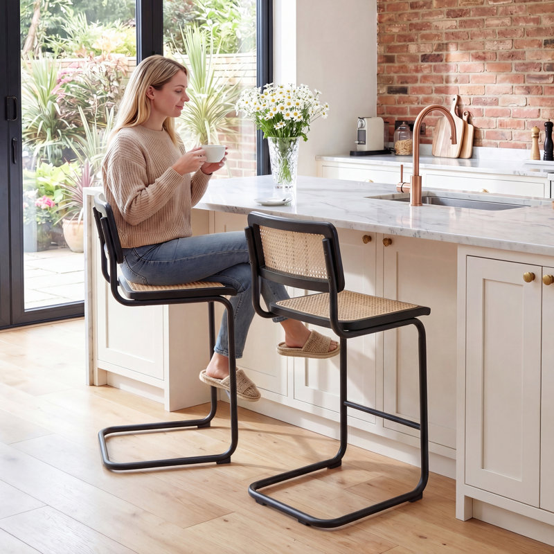 Crumley Natural Rattan 24.8" Cantilever Counter Stool with Cane Rattan Back and Metal Frame, Black