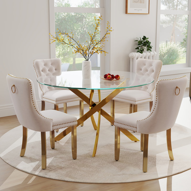 Ensemble de salle à manger Keyari, H 29,5 po x L 47 po x l 47 po, Beige, Or