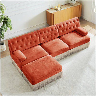 3-Seater Velvet Fabric Modular Sectional with Tassel Skirt, Button Tufted Design, High-density Foam, and Premium Wooden Base for Living Room or Study