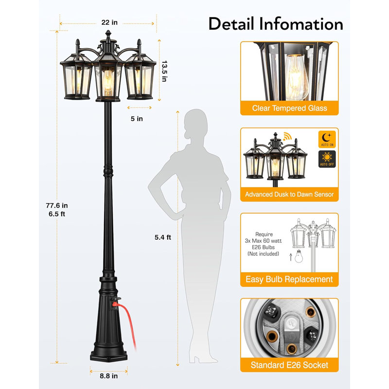 Lampadaire d'extérieur avec prise de courant à 3 têtes antirouille pour éclairage extérieur Dusk to Dawn