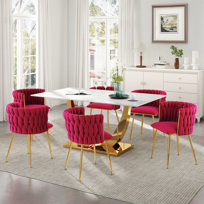 Rectangle Pedestal Dining Set with Woven Dining Chair, 29.5"H x 63"L x 35.4"W, Rose Red
