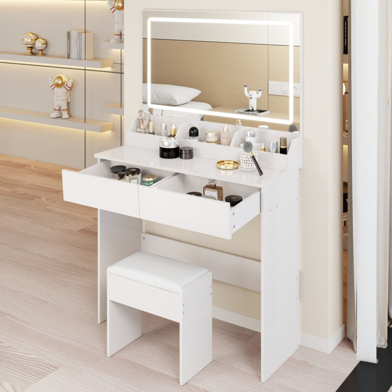 Très grande coiffeuse avec miroir à DEL, ensemble de tabourets à coussin souple, rangement de grande capacité, coiffeuse compacte convenant aux petits espaces