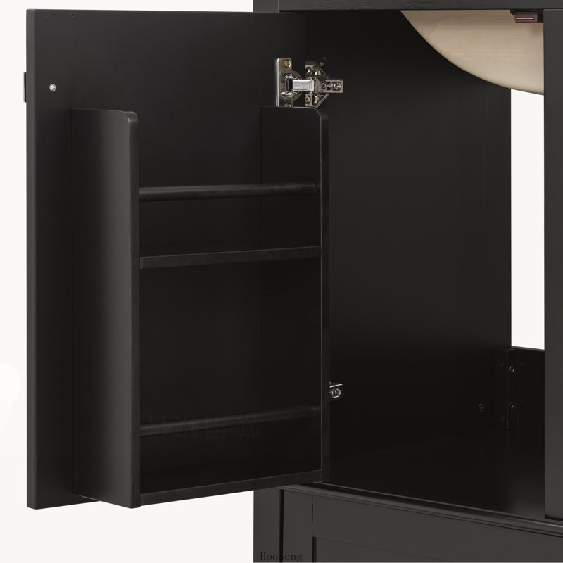 Meuble-lavabo noir de 76 cm (30 pouces) avec 1 porte et 3 tiroirs à fermeture amortie, structure en bois massif, Black
