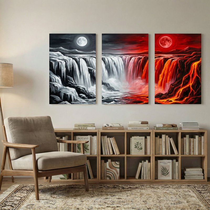 Landscape & Nature Moonlit Waterfall Red Lava Flow Reflection, 24" H x 48" W