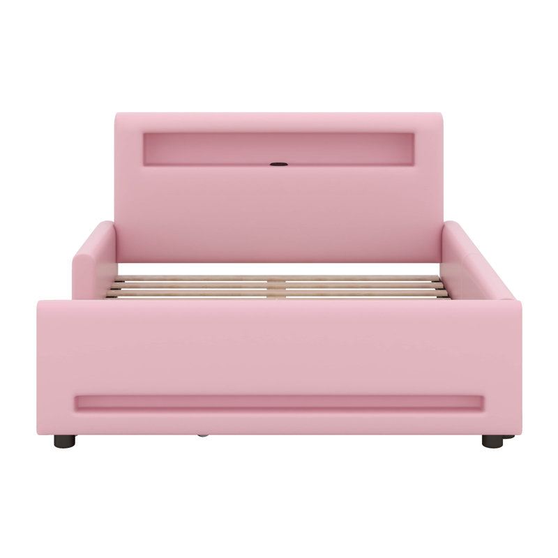 Upholstered LED Bed Frame With Drawer And USB Port, Upholstered Bed Frame With Storage, Full, Pink