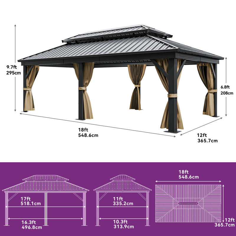 Pavillon de jardin en aluminium à toit double avec toit rigide, 18 pi x 12 pi, Brun