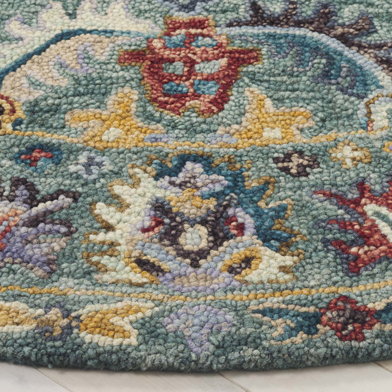 Shuo Tufted Wool/Cotton Performance Floral Rug in Blue/Rust, Round 6'
