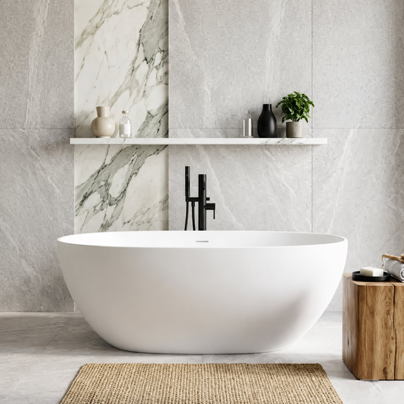 71'' Freestanding Tub Solid Surface Stone Resin Free Standing Soaking Bathtub with Overflow, Pop-up Drain, White