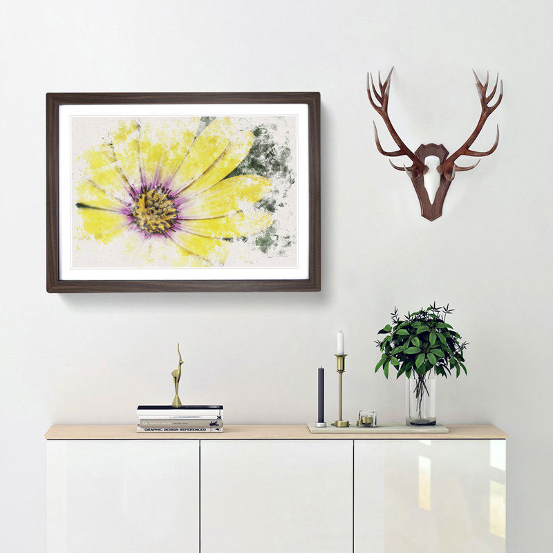 Yellow Gerbera Flower Watercolour - Framed Print, 62cm H x 87cm W x 2cm D, Walnut