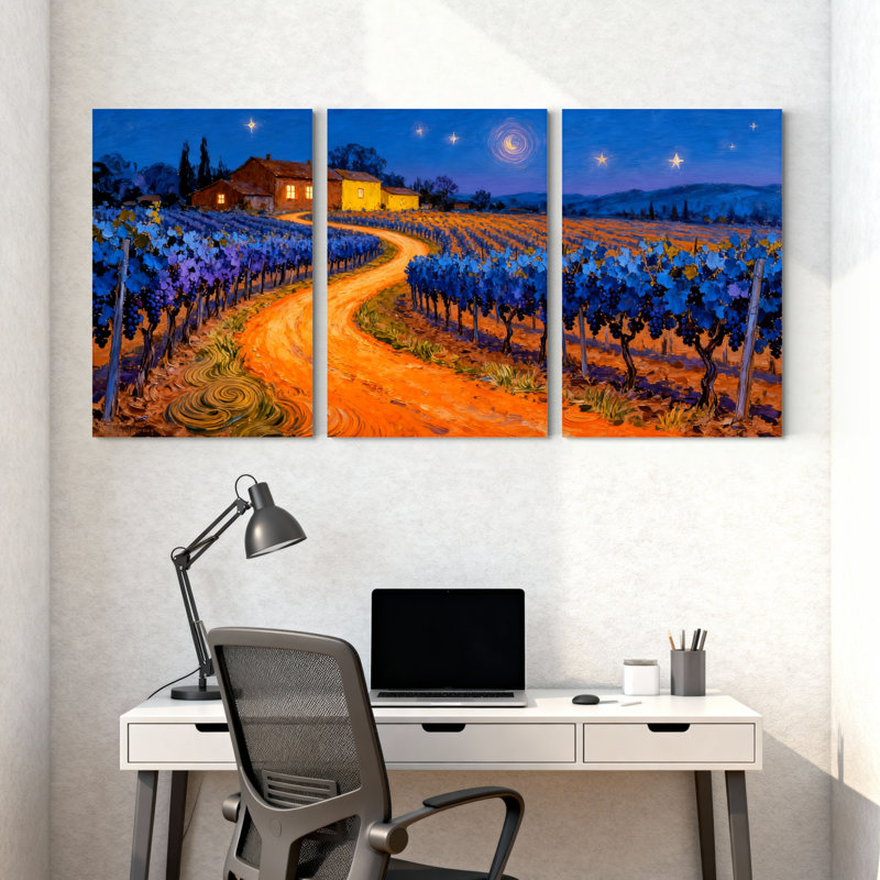 «Abstract Starry Night Vineyard Path Landscape», ensemble de 3 impressions sur toile, H 30 po x l 60 po