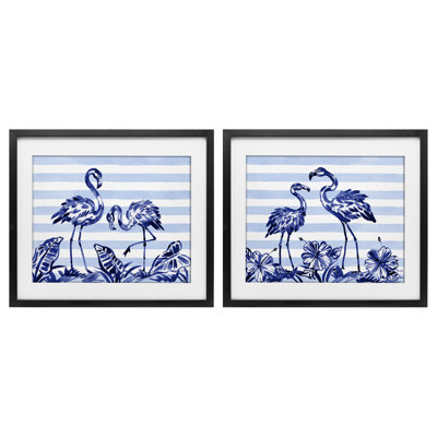 Brushstroke Flamingos & Stripes 2pc Framed Print Under Glass Set, design by Paul Brent