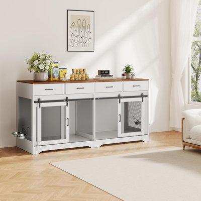 Modern Dog Crate Furniture with 4 Drawers, Large Breed Indoor Kennel with Locking Sliding Doors