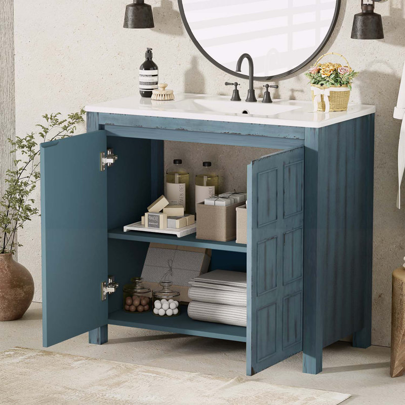 Armoire de salle de bain exquise avec lavabo pour un rangement élégant, Bleu rétro