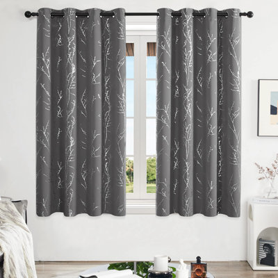 Silver Tree Branches Printed Pattern Blackout Grommet Curtains (Set of 2)