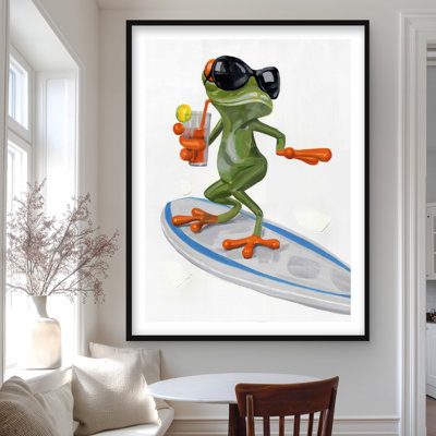 Funny frog surfing - Aquatic animals matted print for decor