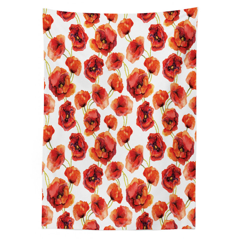 Flower Tablecloth, Floral Pattern With Poppies Print Design Style Artwork Grassland Print, Rectangular Table Cover For Dining Room Kitchen Decor, 52" X 70", Red Scarlet And White