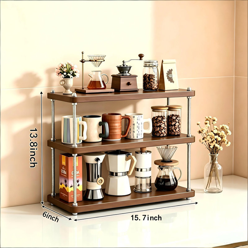 Organisateur de bar à café à 3 niveaux, tablette de rangement en bois et en métal, support de rangement multifonctionnel pour la cuisine, le bureau et la maison