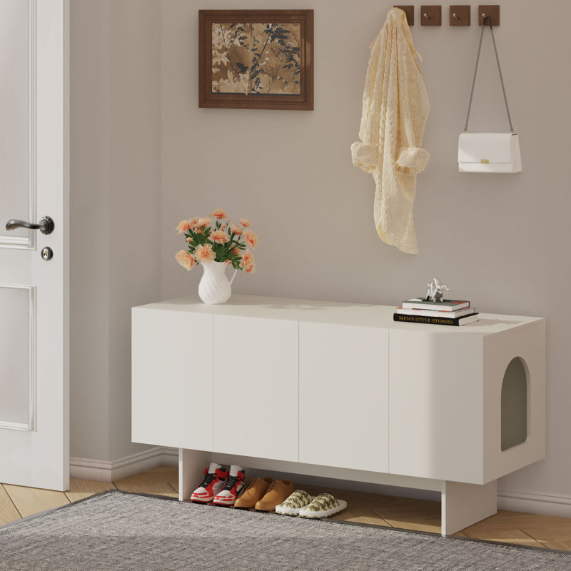 Cat Litter Box Enclosure Furniture with Double Room for 2 Cats, Scandi Style(White), White