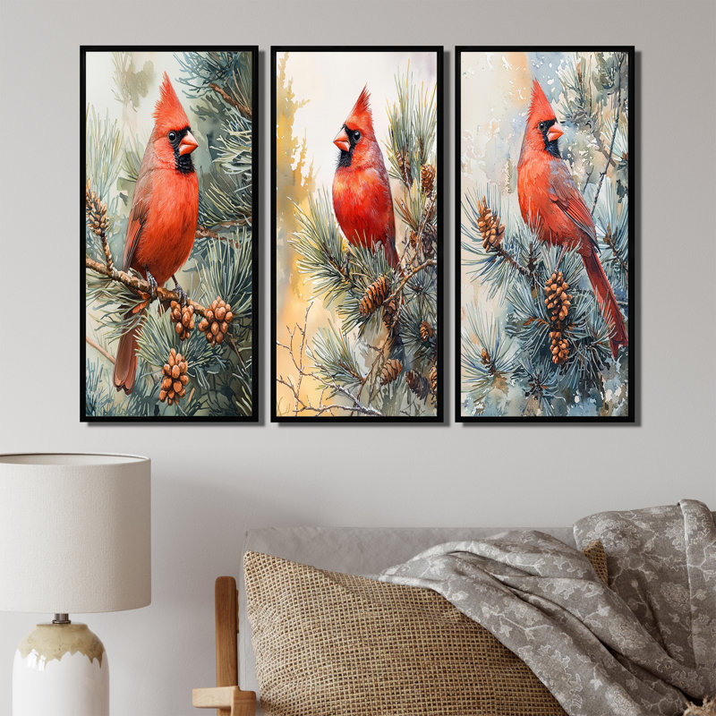 Oiseau cardinal parmi les pins I - Collection moderne de reproductions sur toile, Noir, H 32 po x l 48 po