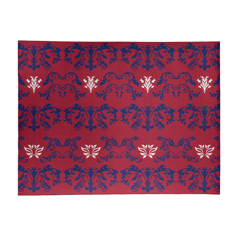 Tapis rouge / bleu marine Damask, Rectangle 4 pi x 6 pi