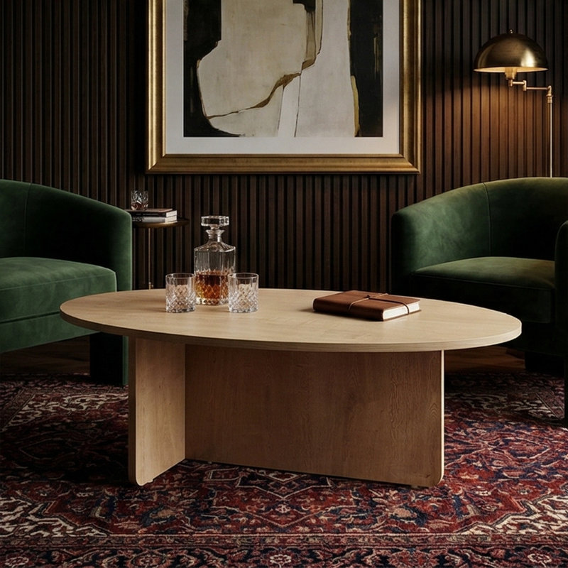 Table basse ovale moderne avec base architecturale Aurelia, Chêne
