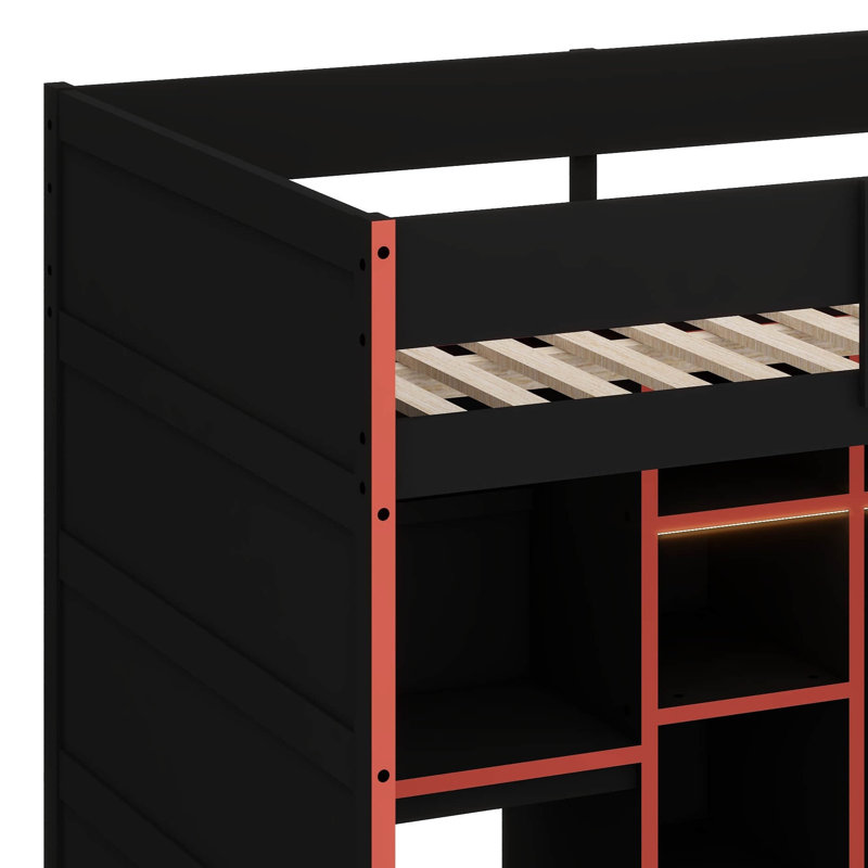 Full Size Wooden Loft Bed – Integrated Desk, Open Wardrobe, Storage Compartments & RGB Lights, Red